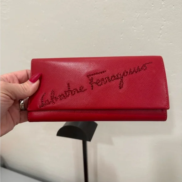 Salvatore Ferragamo crystal embellishment Vibrant Red leather wallet - Picture 2 of 8